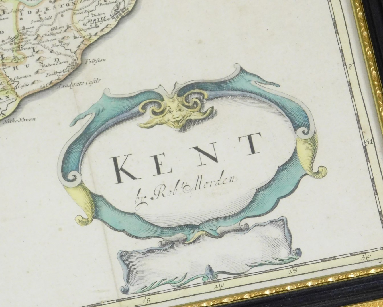 After Robert Morden (English, 1650-1703). A map of Kent, hand coloured engraving, 35cm x 65cm. - Image 3 of 3