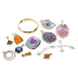 Silver and costume jewellery, including a millefiori pendant, four amber pendants and a gold plated