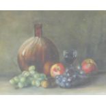 Minnie Morgan (British, early 20thC). Still life of fruit, with a wine glass and bottle, oil on canv