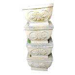 A set of five reconstituted stone square garden planters, each decorated with scrolls, 34cm wide.