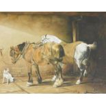 T Reed (British, 20thC). Stabled Horses and a Terrier, oil on canvas, signed, 49cm x 59cm.