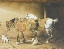 T Reed (British, 20thC). Stabled Horses and a Terrier, oil on canvas, signed, 49cm x 59cm.