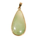 A 9ct gold and cabochon jade tear drop pendant, on a loop suspension, 6.4g all in.