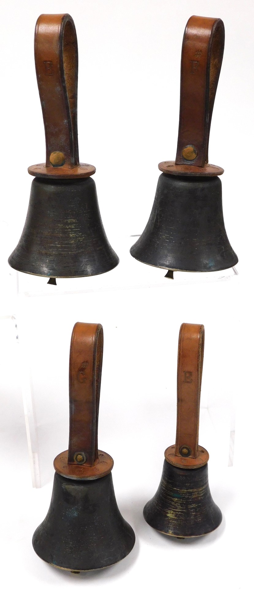 Twelve vintage graduated brass hand bells, with tan leather straps, denoting the note, cased. - Image 5 of 5