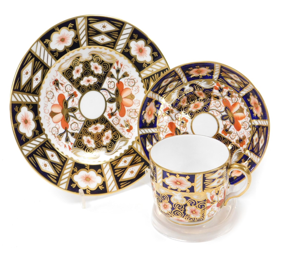A Royal Crown Derby Imari porcelain trio, pattern number 2451, printed marks, comprising cup, saucer