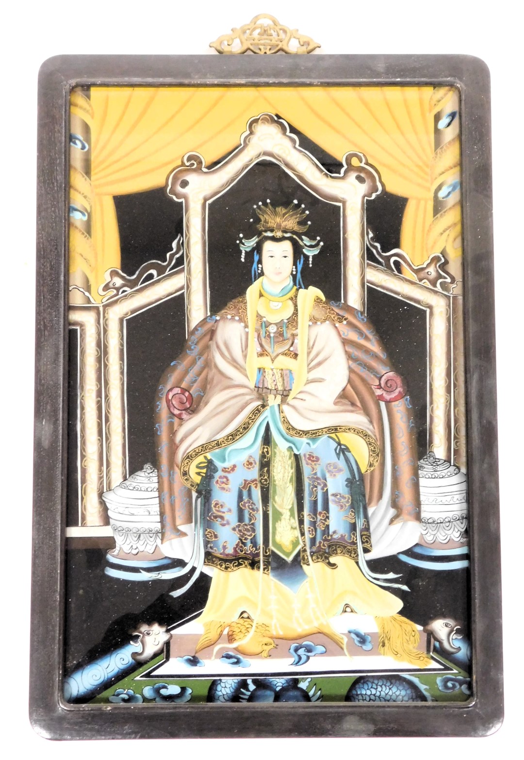 A 20thC Chinese ancestor portrait on glass, depicting a high ranking woman in a seated pose, within
