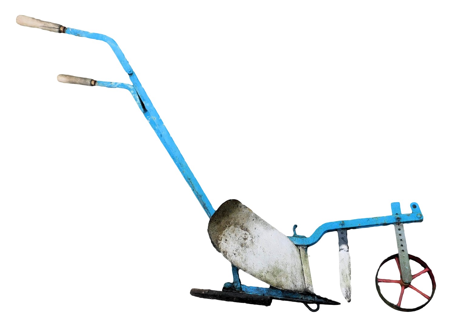 A blue painted hand plough, with turned wooden handles.
