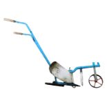 A blue painted hand plough, with turned wooden handles.