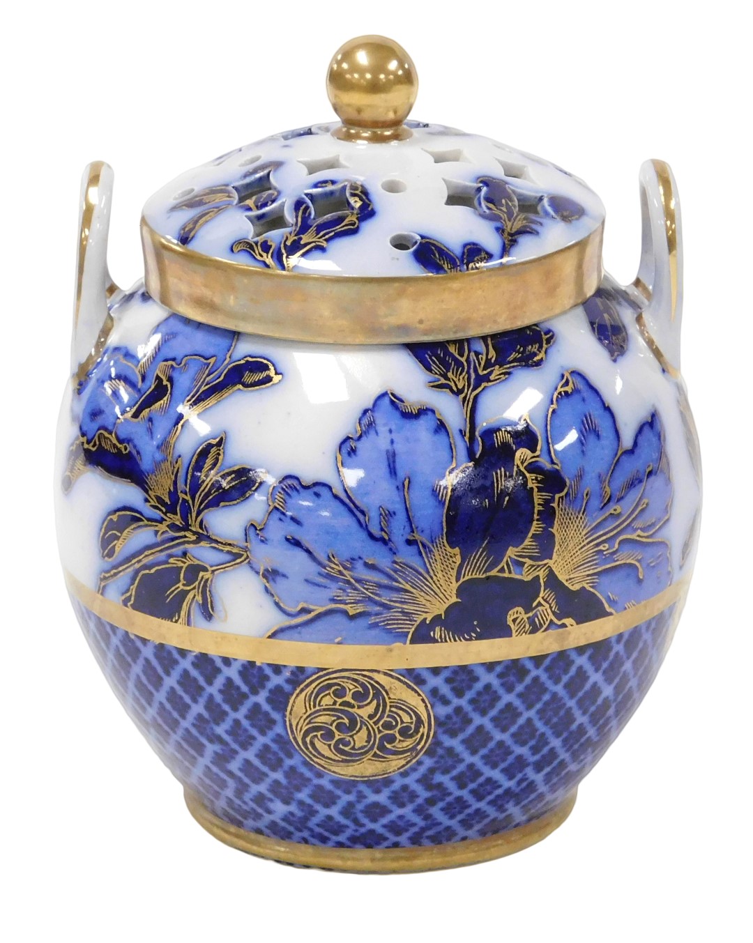 A late 19thC Wedgwood pottery twin handled pot pourri vase and cover, decorated in blue and white wi
