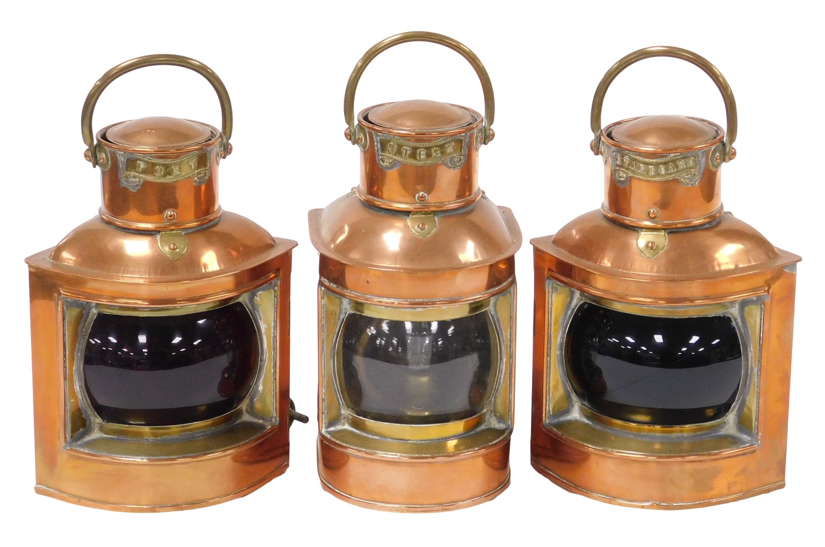 Three copper and brass ship's lights, converted to electricity, comprising port, starboard and stern