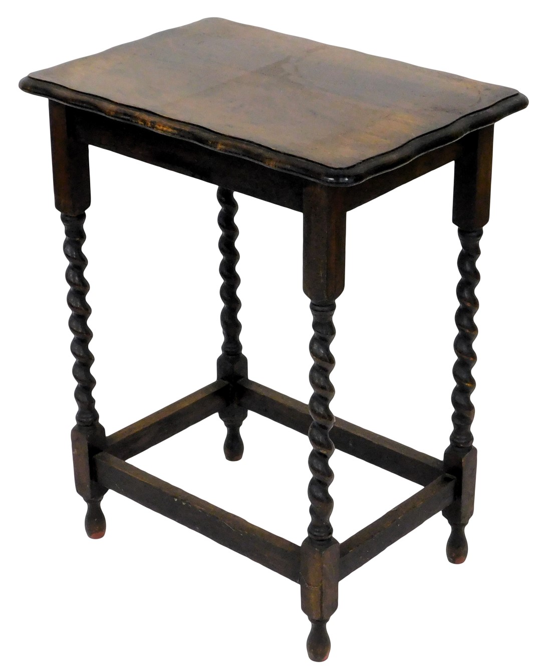An oak occasional table, the rectangular top with a shaped moulded edge, on spirally turned supports