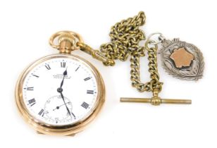 An early 20thC gold plated gentleman's pocket watch, for Judges Krectime, A Lester, open face, keyle