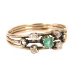 An early 19thC emerald and diamond five stone ring, set in a rose metal triple band, size K, 1.6g al