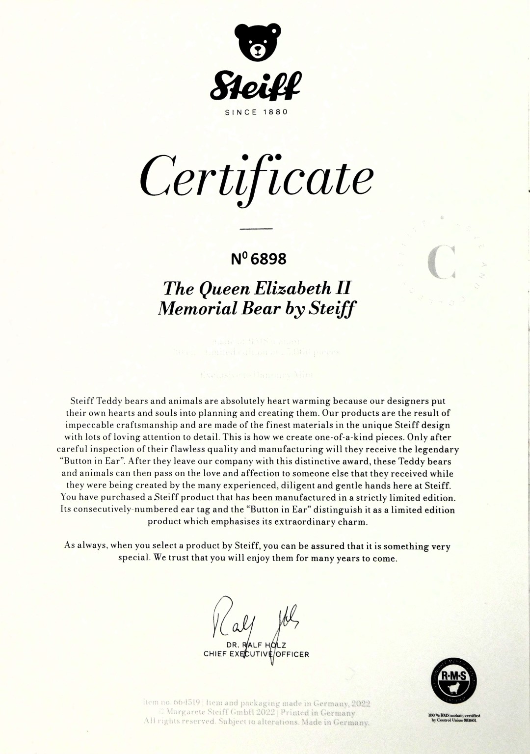 A Steiff Queen Elizabeth II memorial bear, number 6898, with certificate, and the Footprints in the - Image 2 of 5