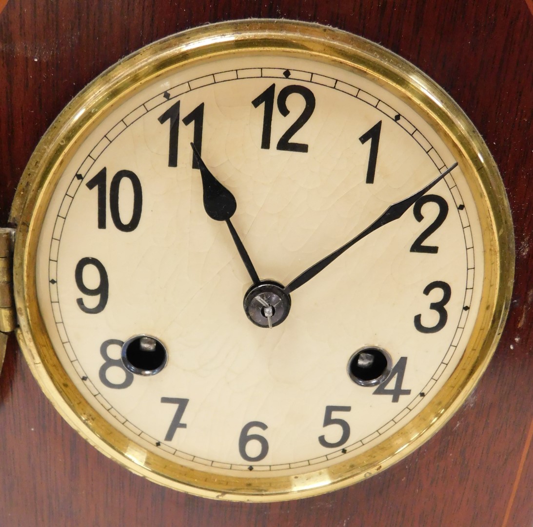An Edwardian mahogany and inlaid mantel clock, circular cream dial bearing Arabic numerals, Kienzle - Image 2 of 3