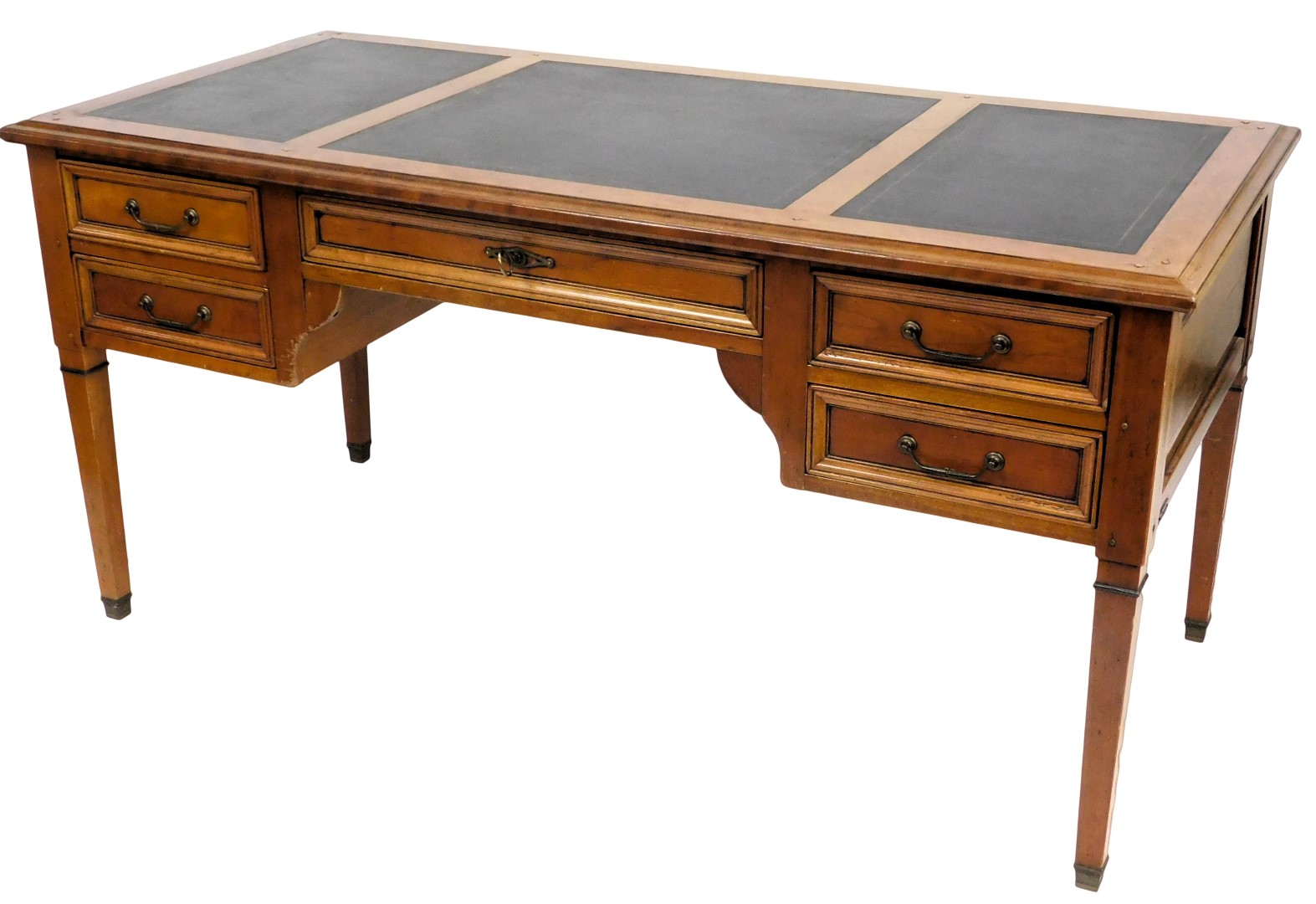 A French style cherrywood desk, the rectangular top with three black and gilt inserts above an arran