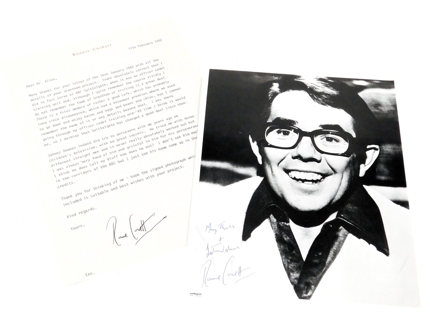 Grantham Interest. A signed letter from Ronnie Corbett, dated 17th February 1982, relating to his ti