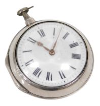 A George III silver pair cased pocket watch, open faced, key wind, circular enamel dial bearing Roma