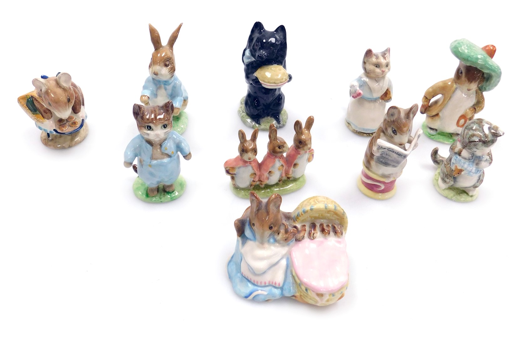 Ten Beswick Beatrix Potter figures, brown back stamp, comprising Benjamin Bunny, Peter Rabbit, Apple