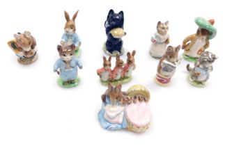 Ten Beswick Beatrix Potter figures, brown back stamp, comprising Benjamin Bunny, Peter Rabbit, Apple