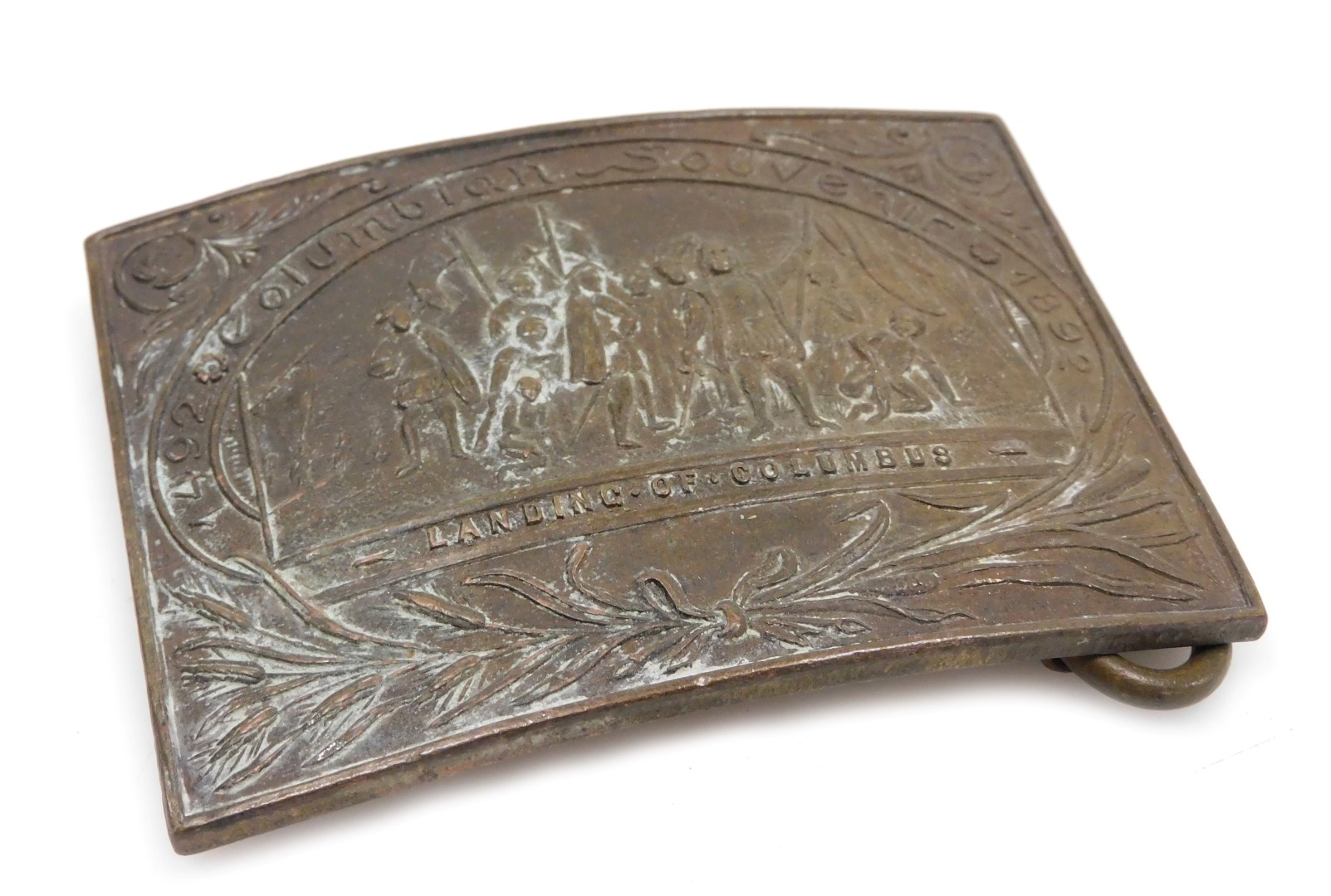 A commemorative belt buckle for the Landing of Columbus, stamped 1892, Tiffany, New York.