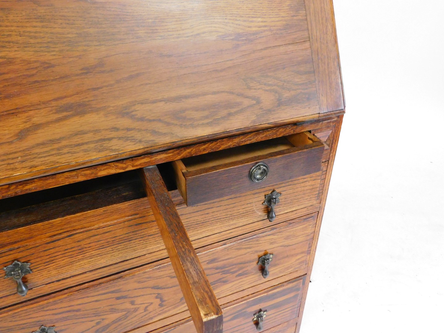 An oak bureau bookcase, topped with two leaded glazed doors, above a fall enclosing a partially fitt - Image 3 of 3