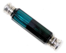 A Victorian turquoise and green glass double ended scent bottle, with a button operated hinged lid a
