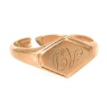 A 9ct rose gold lady's signet ring, monogram engraved, cut, 2.5g.