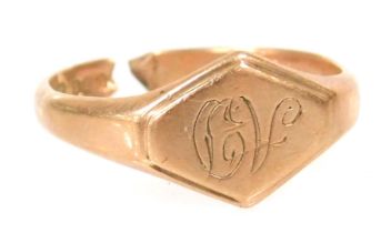 A 9ct rose gold lady's signet ring, monogram engraved, cut, 2.5g.