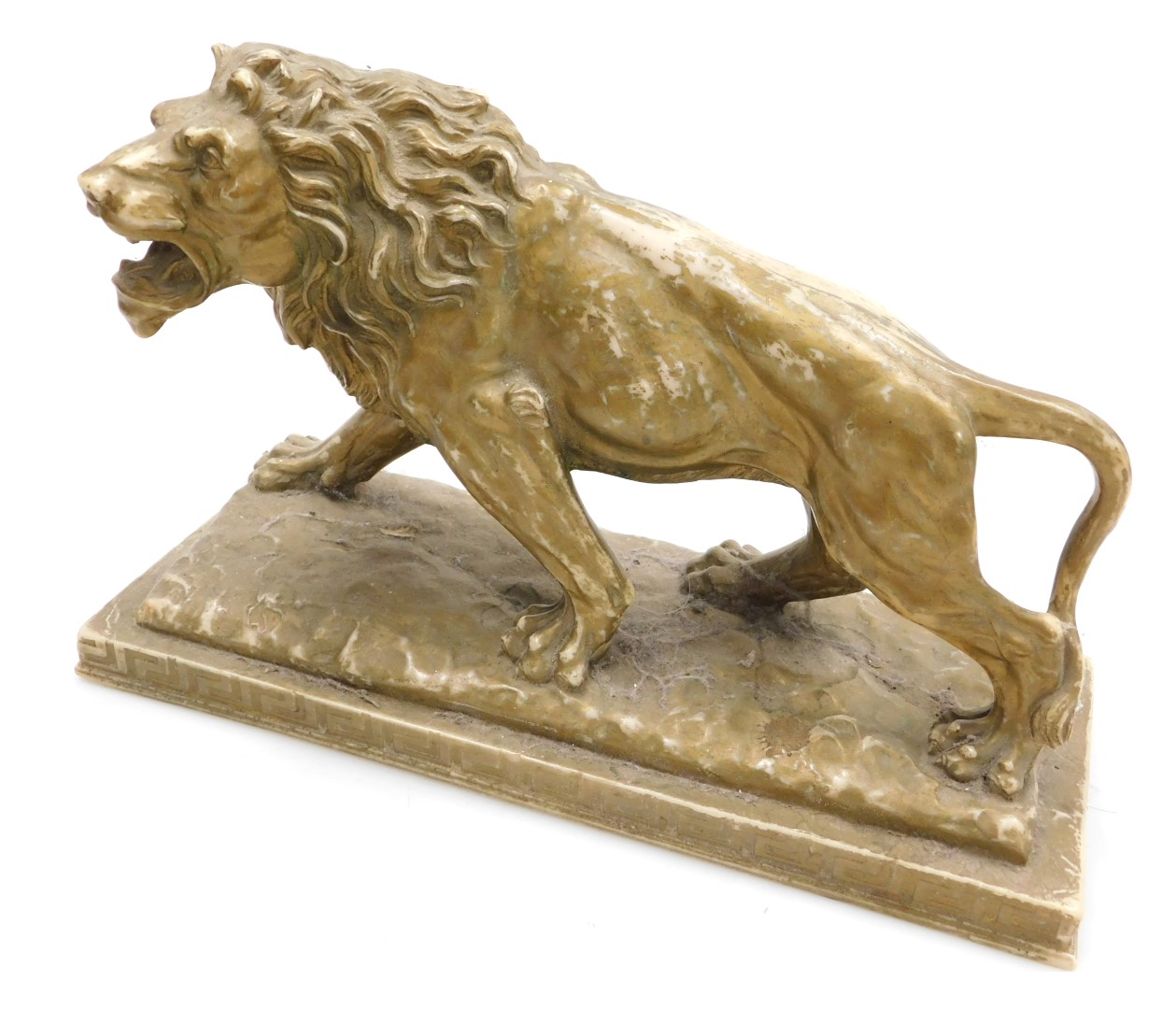 After Antoine Louis Barye (French, 1795-1875). Gilt plaster model of a walking lion, raised on a rec