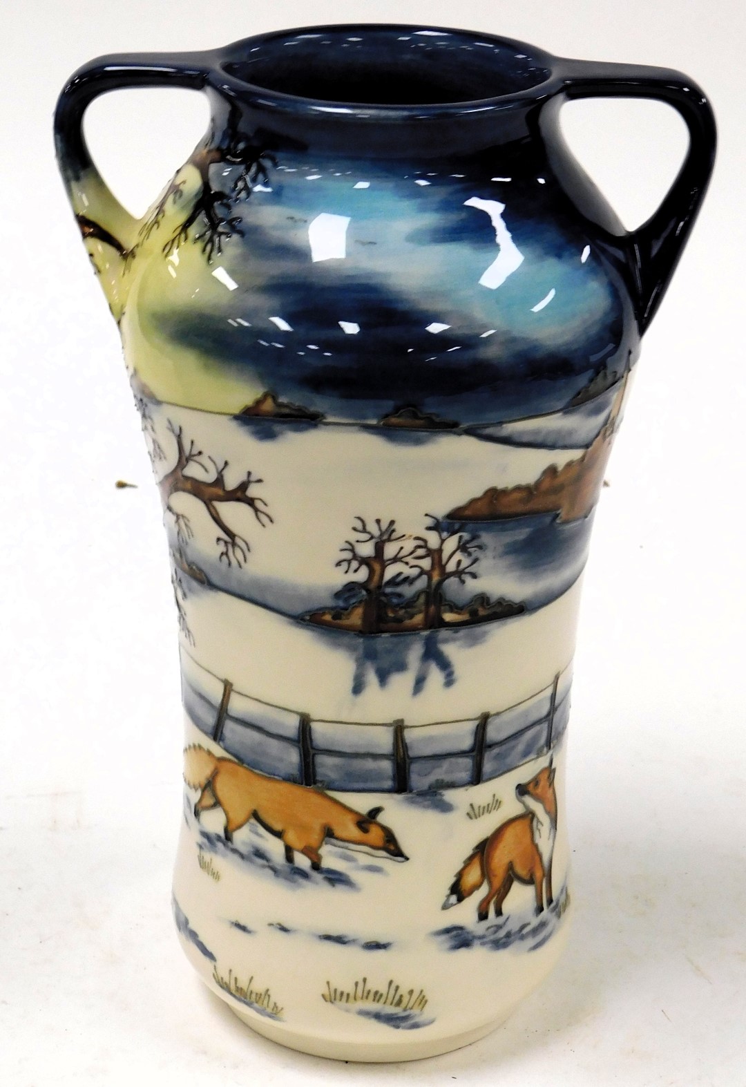 A Moorcroft pottery Woodside Farm pattern vase, of twin handled waisted form, circa 1999, painted an - Image 3 of 4