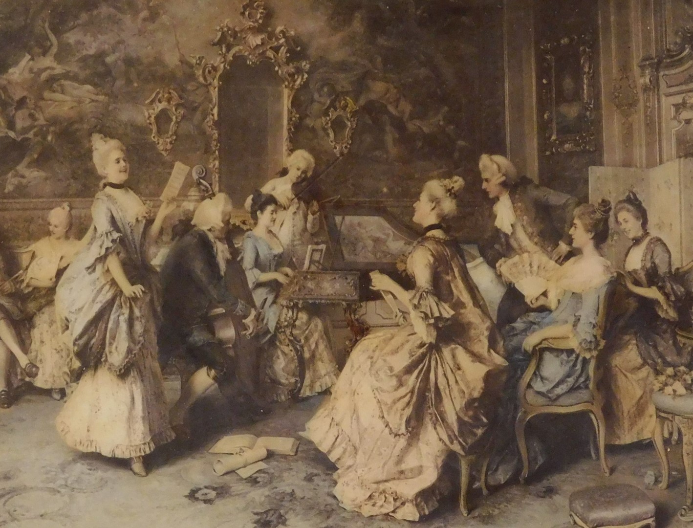 An Edwardian crystoleum, of a French musical interior scene, 20cm x 25cm.