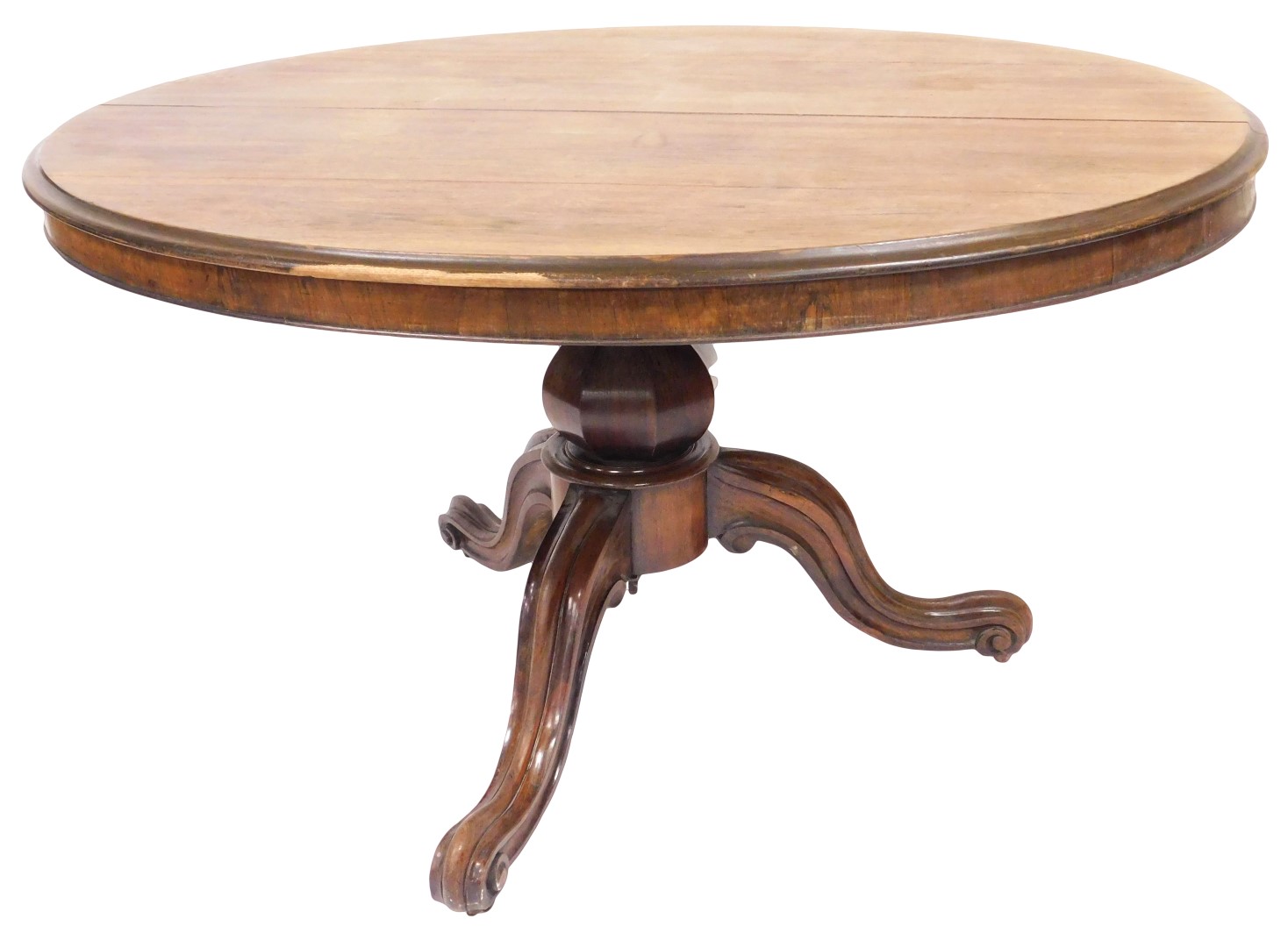An early Victorian rosewood breakfast table, with moulded oval top, octagonal baluster pillar, on th