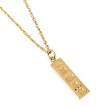 A 9ct gold and diamond set ingot pendant, on a neck chain with bolt ring clasp, stamped 9ct, 4.7g.