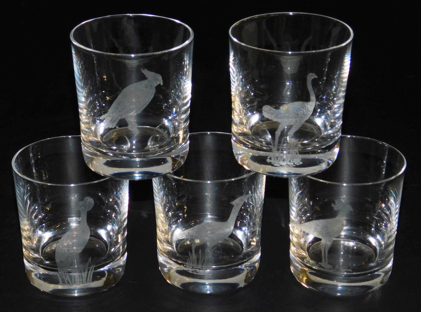 Five Rowland Ward cut glass tumblers, engraved with exotic birds, 9cm high.
