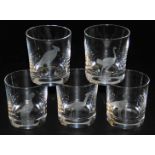 Five Rowland Ward cut glass tumblers, engraved with exotic birds, 9cm high.