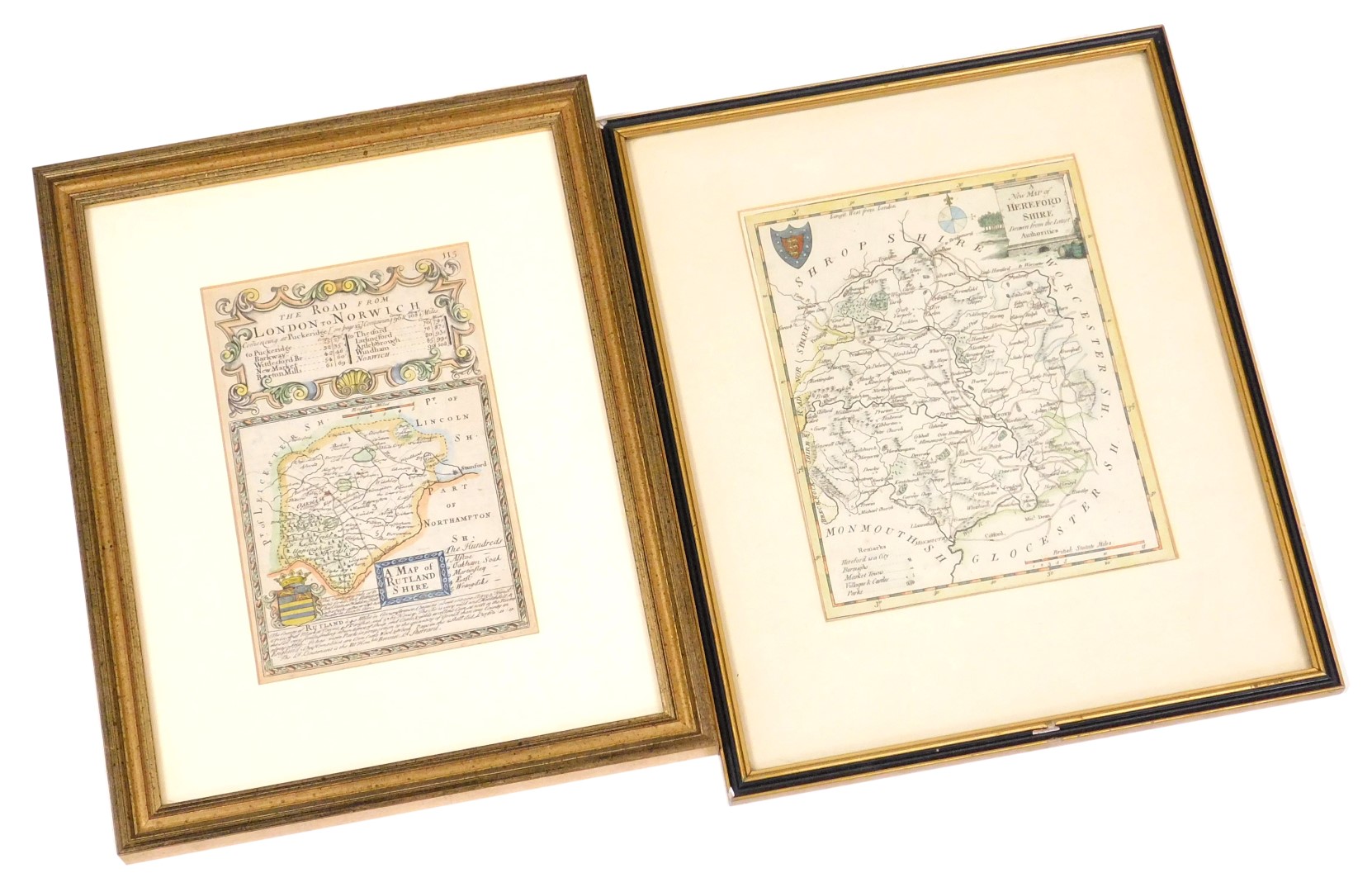 An 18thC map of Rutlandshire, hand coloured engraving, beneath details of the road from London to No