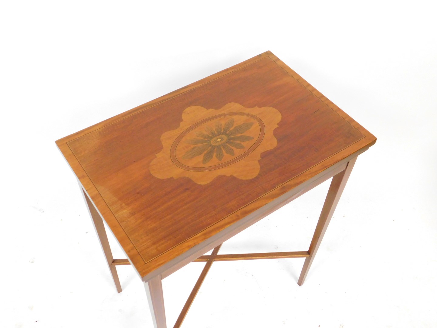 An Edwardian mahogany and marquetry card table, the rectangular boxwood and ebony strung cross bande - Image 2 of 3