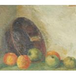 Ben Hodgetts (British, 20thC). Still life of apples and a bowl, impasto, titled and attributed verso