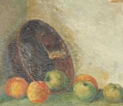 Ben Hodgetts (British, 20thC). Still life of apples and a bowl, impasto, titled and attributed verso