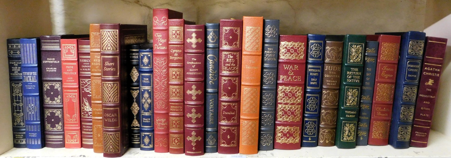 Franklin Library and Easton Press books, including Tolstoy, War and Peace, Stendhal, The Red and the