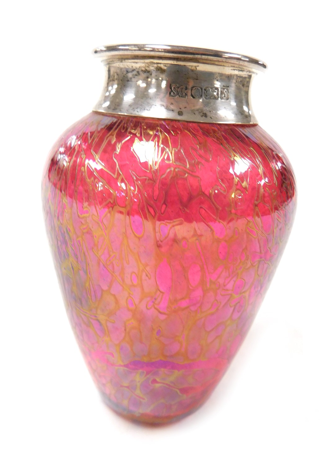 A Royal Brierley studio glass red vase, with a silver mount, Sheffield 1992, 10.5cm high.