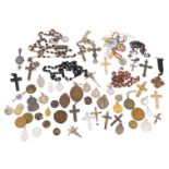 A group of rosaries, Catholic badges, George III spade guinea tokens, and other coins. (qty)