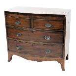 A 19thC mahogany bow front chest of drawers, with two short and three long drawers, on splayed brack
