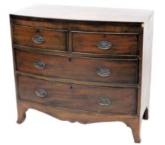 A 19thC mahogany bow front chest of drawers, with two short and three long drawers, on splayed brack