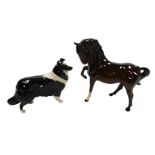 A Beswick figure of a black and white collie, together with a brown gloss horse, right front leg rai