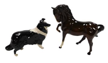 A Beswick figure of a black and white collie, together with a brown gloss horse, right front leg rai