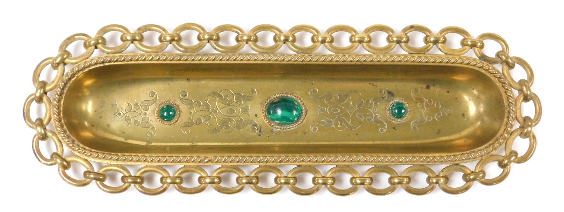 A Victorian brass desk set, inset with malachite cabochons, engraved with foliate decoration, and a - Image 2 of 5