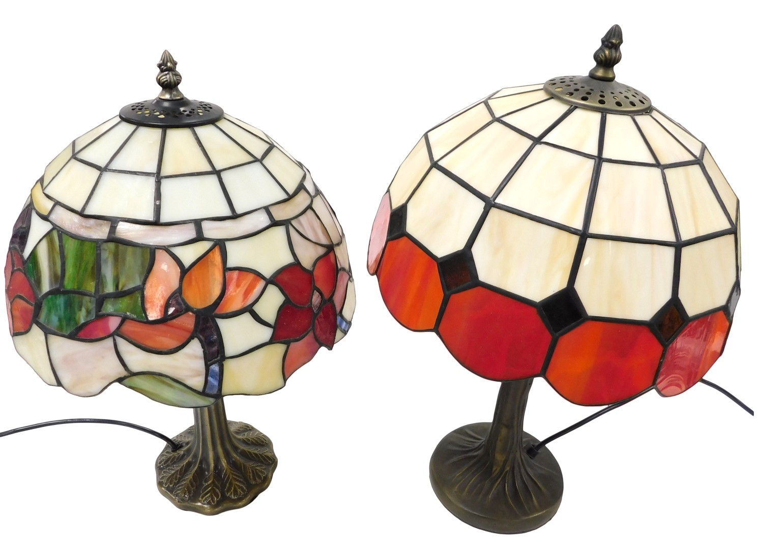 A Tiffany style brass table lamp, of tree form, with a red and white opaline glass shade, 47cm high,