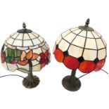 A Tiffany style brass table lamp, of tree form, with a red and white opaline glass shade, 47cm high,